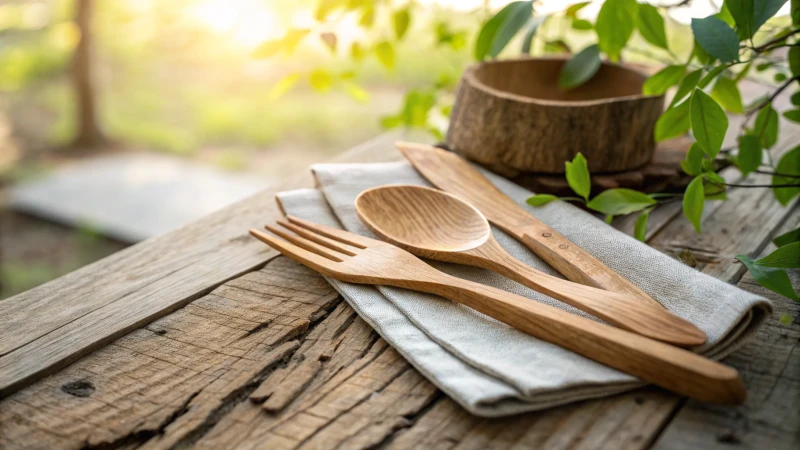 Wooden cutlery arranged on a rustic table