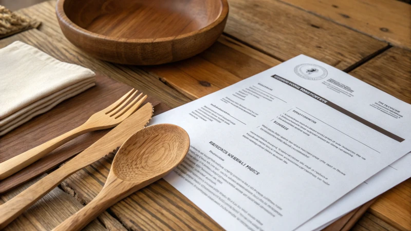 Wooden cutlery and regulatory documents on a rustic table