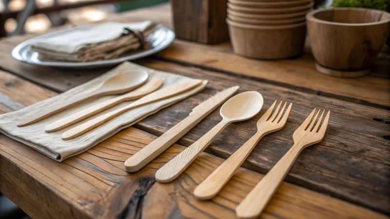 A set of wooden cutlery arranged on a rustic table