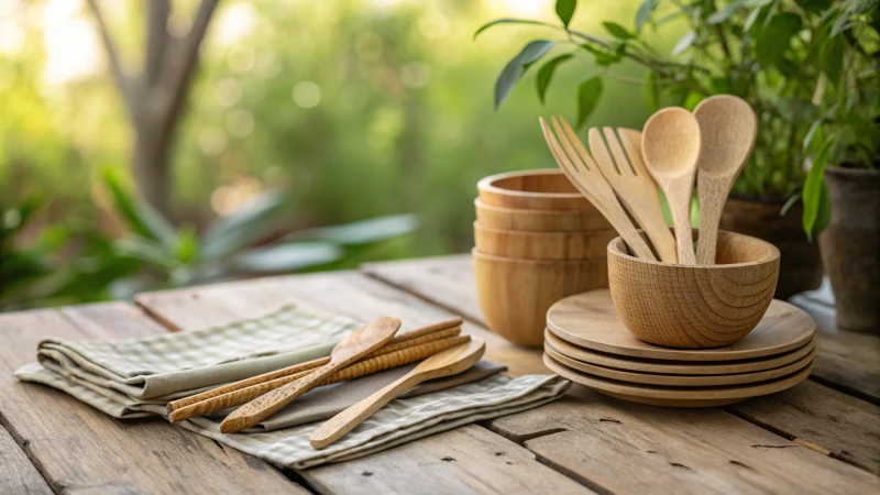 Wooden cutlery displayed on a rustic wooden table