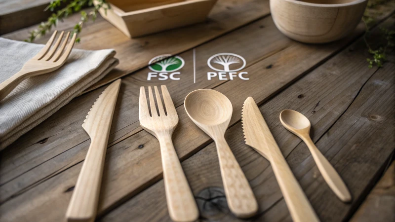 Beautifully arranged wooden cutlery on a rustic table