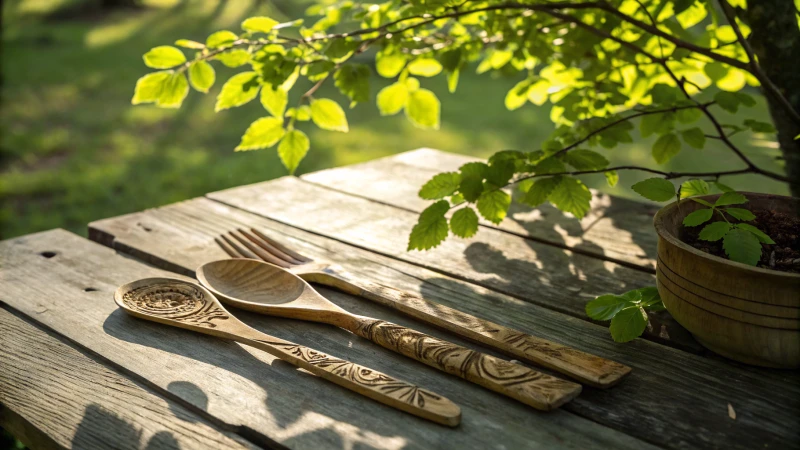 Wooden cutlery on a rustic table surrounded by green foliage