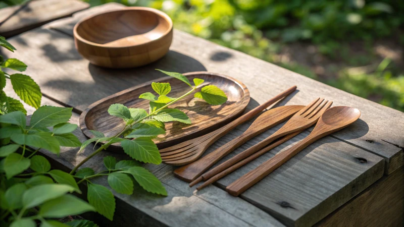 A set of wooden cutlery arranged on a rustic wooden table