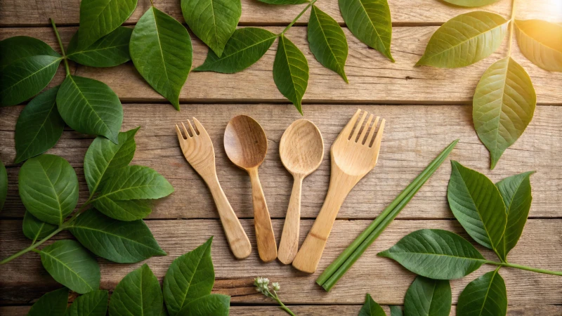 Wooden cutlery on a rustic wooden table with green leaves