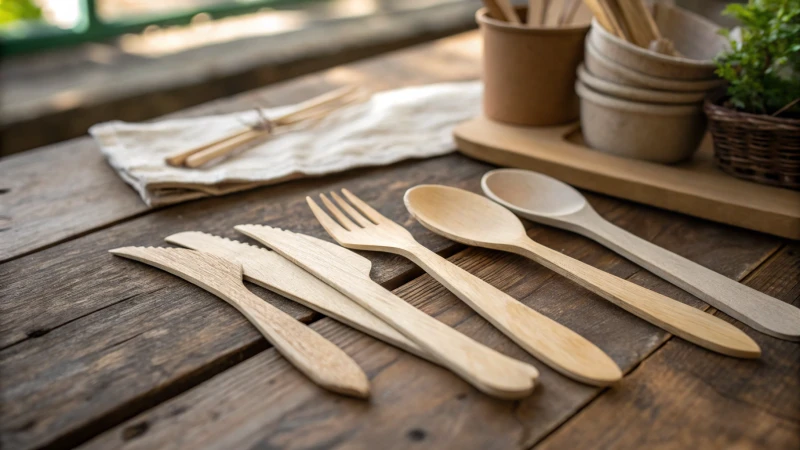 A set of disposable wooden cutlery arranged on a rustic wooden table.