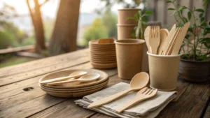 Photorealistic table setting with wooden cutlery