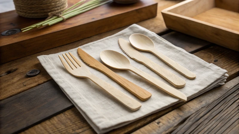 Disposable wooden cutlery arranged on a rustic table