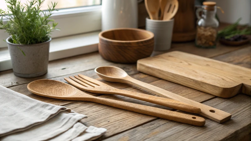 Close-up view of a wooden cutlery set on a kitchen countertop