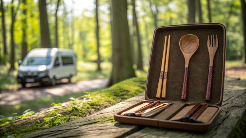 Close-up of a wooden cutlery set on a rustic table