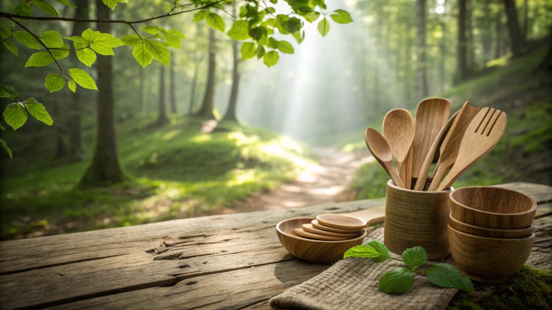 Wooden cutlery set on a rustic table in a forest