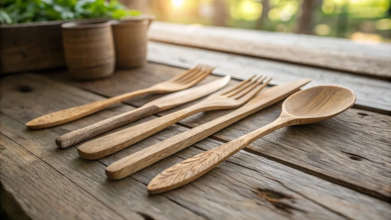 A set of wooden cutlery on a rustic table