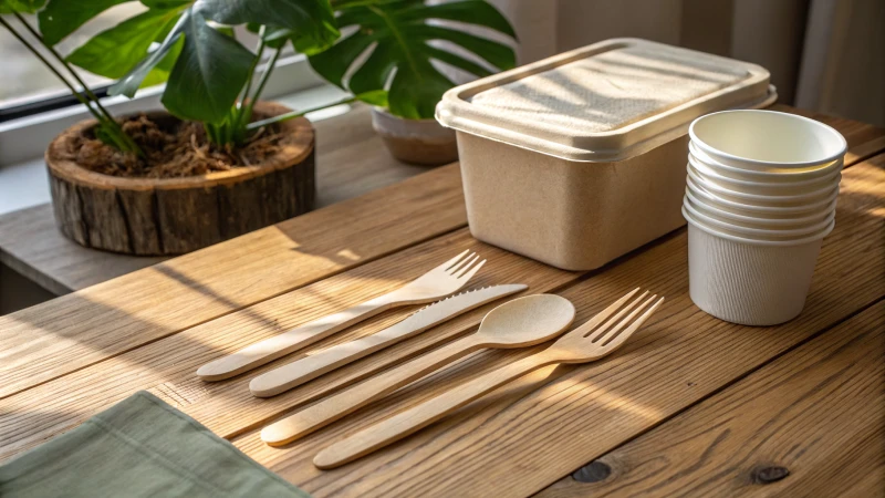 A comparison of wooden cutlery and plastic utensils on a rustic table