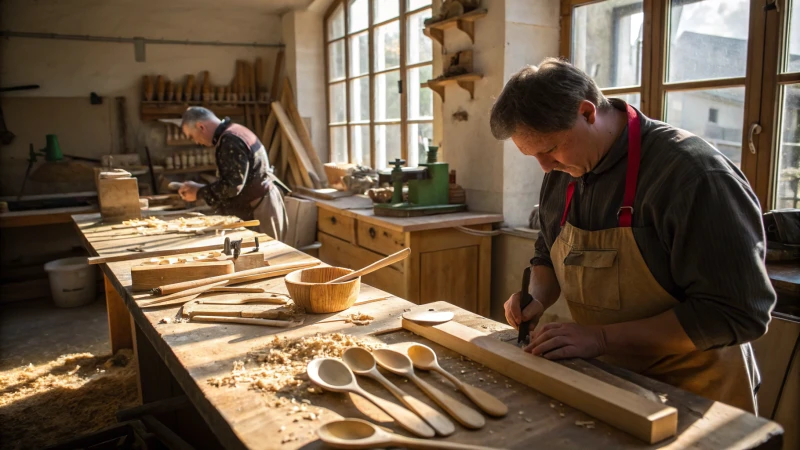 Artisans crafting wooden cutlery in a workshop