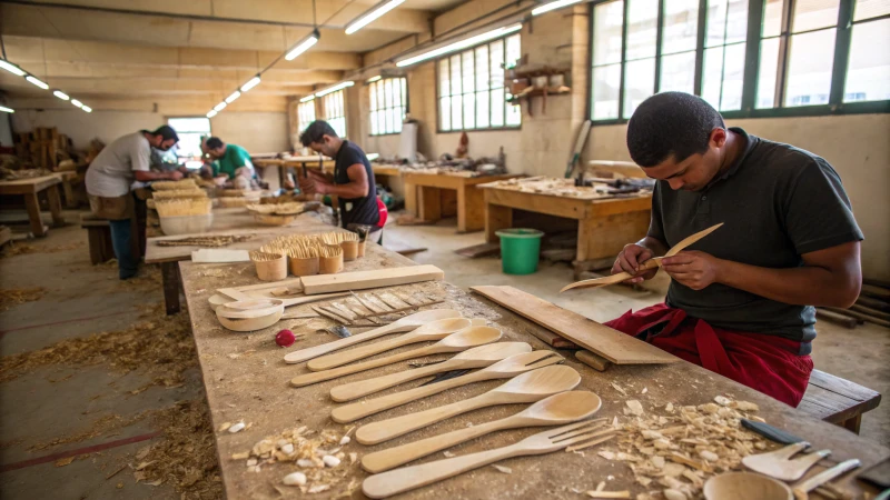 Artisans crafting wooden cutlery in a workshop