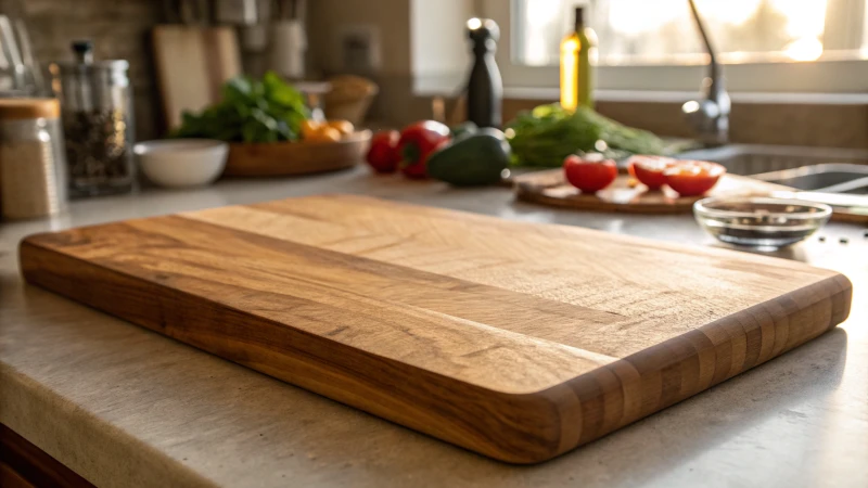 Close-up of a polished wooden cutting board in a kitchen