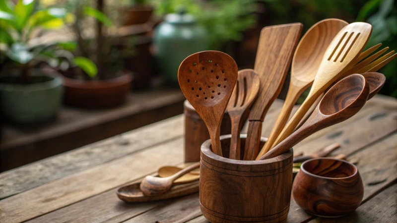 Close-up of assorted wooden kitchen utensils on a table