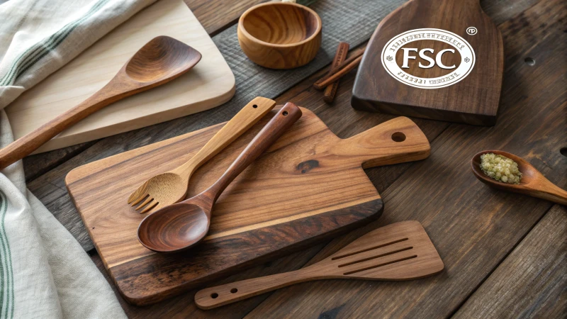 Close-up of wooden kitchen utensils on a rustic table