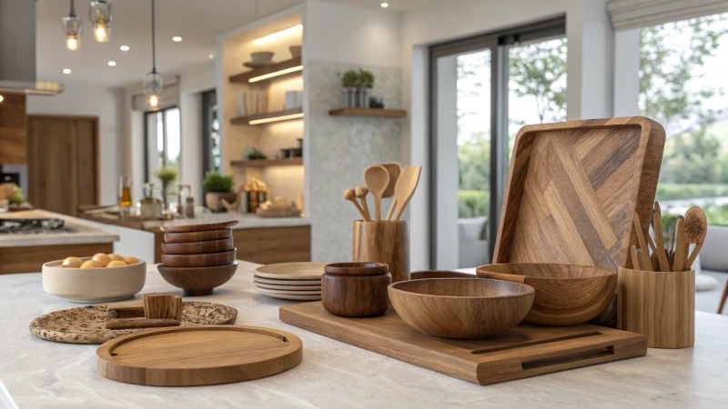 A display of various wooden products in a modern home setting.