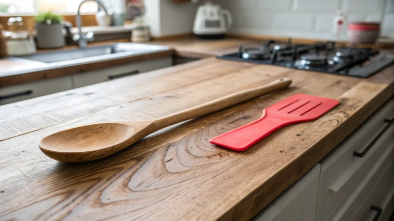 A wooden spoon and a plastic spatula on a rustic kitchen countertop