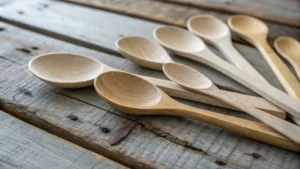 Close-up of disposable wooden spoons on a wooden table