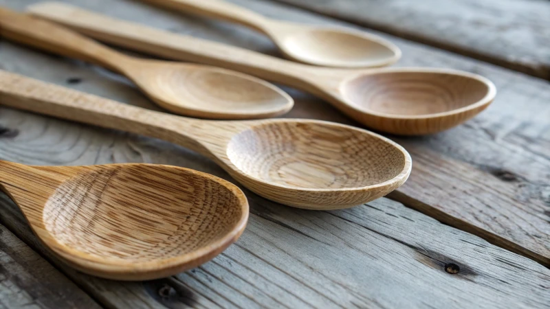 Close-up of wooden spoons on a wooden table