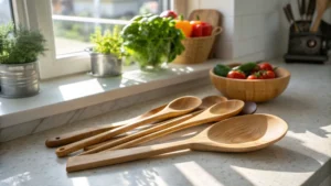 An assortment of wooden spoons on a kitchen countertop with fresh ingredients in the background.