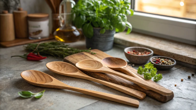 A set of wooden spoons on a rustic kitchen countertop