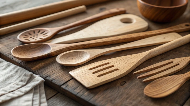 Close-up of wooden utensils on a rustic surface