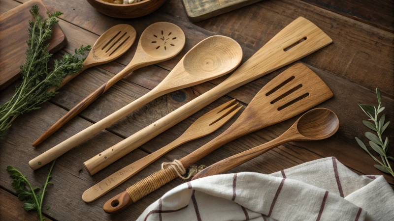 Collection of wooden utensils on a rustic table