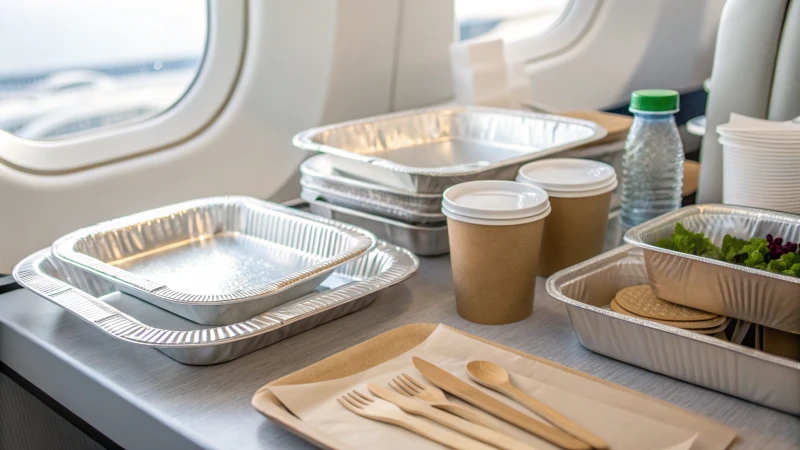 A display of eco-friendly airline tableware with various materials