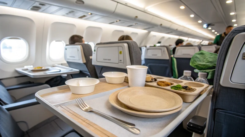 Eco-friendly airline tray table set with biodegradable tableware