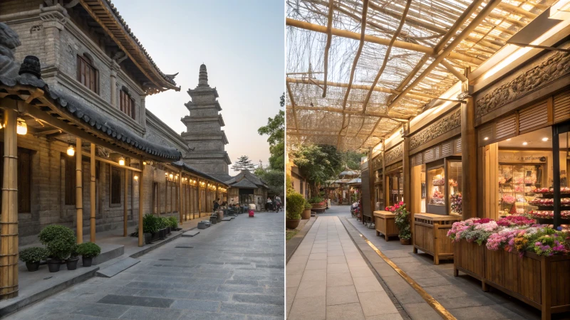 A split image showcasing an Asian marketplace on the left and a European marketplace on the right.