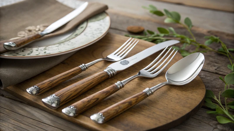 A collection of custom cutlery on a rustic table