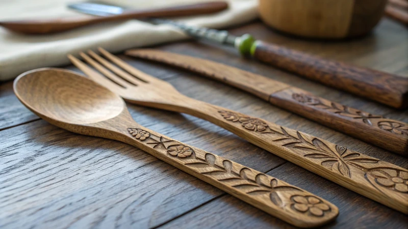 Close-up of intricately carved wooden cutlery on a wooden table.