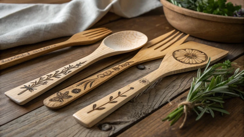 A beautifully arranged customized wooden cutlery on a rustic table