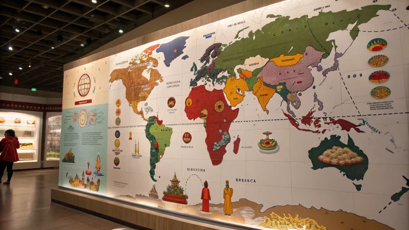 A colorful world map with cultural symbols representing different regions.