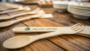 Close-up of wooden cutlery on a rustic table