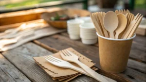 Close-up of disposable wooden cutlery on a wooden table