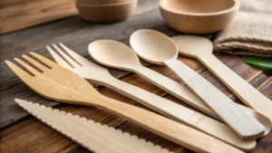 Close-up of polished wooden cutlery on a rustic table