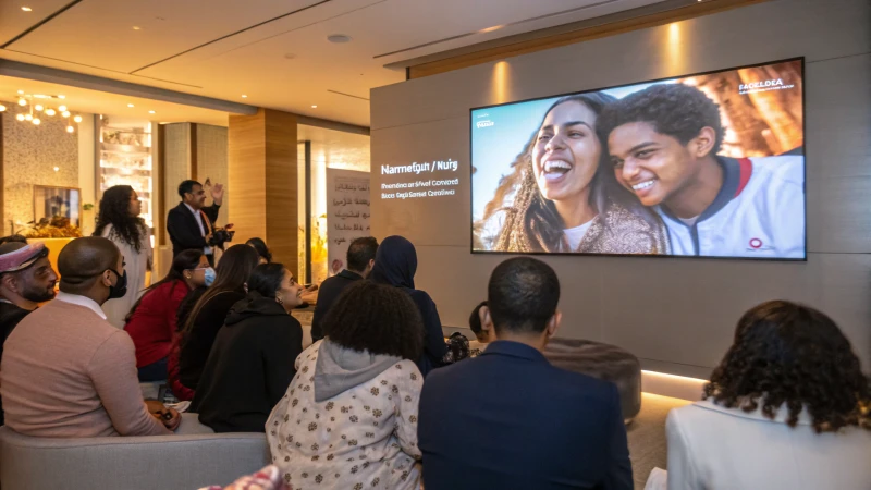 A diverse group of people watching an advertisement on a large screen.