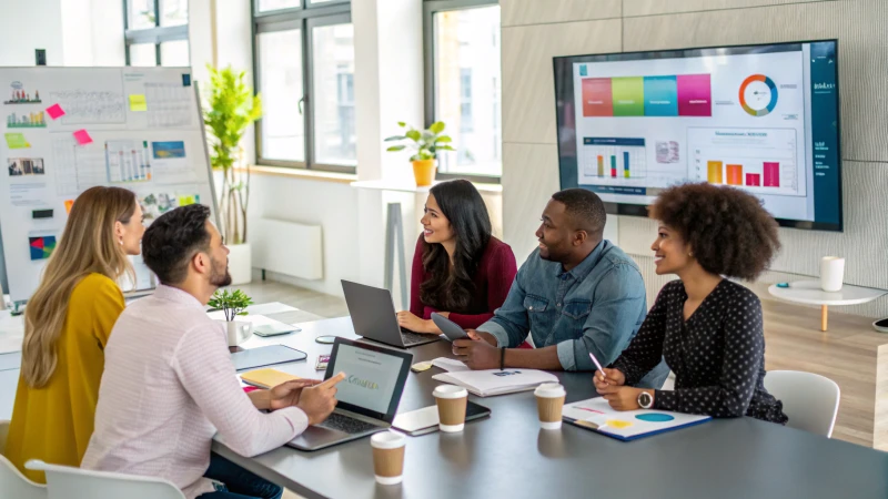 A diverse group of professionals brainstorming in a modern office