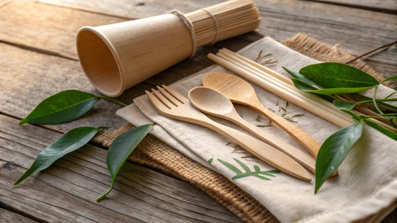 Close-up of eco-friendly cutlery on a rustic wooden table