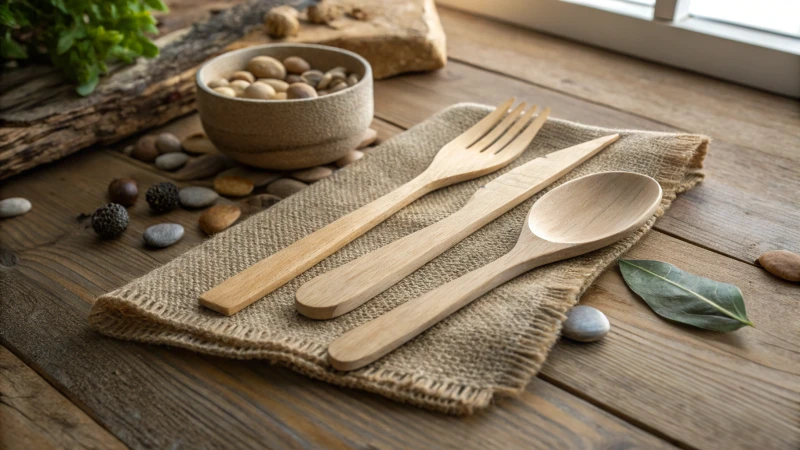 Photorealistic wooden cutlery on a rustic table