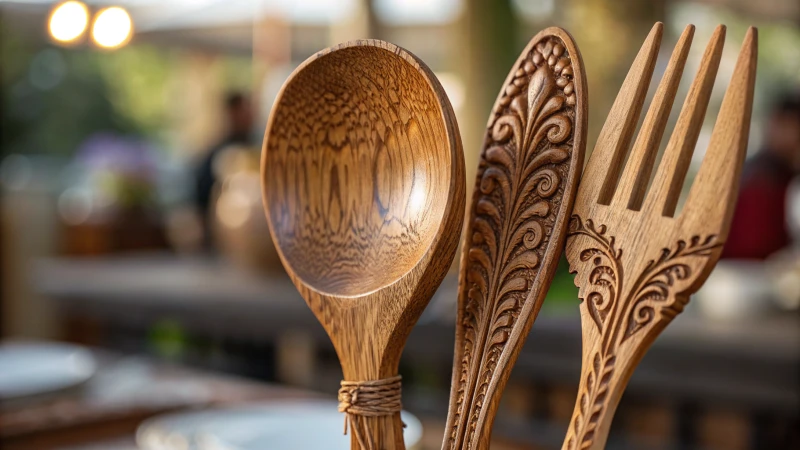 Close-up of polished wooden cutlery with forks and spoons