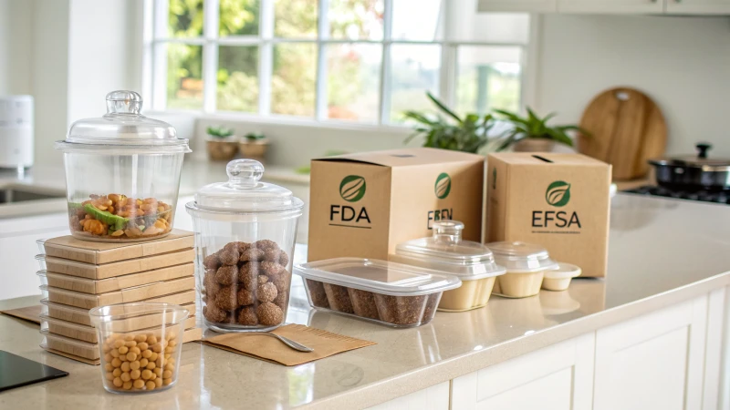 A variety of food packaging materials displayed in a clean kitchen setting.