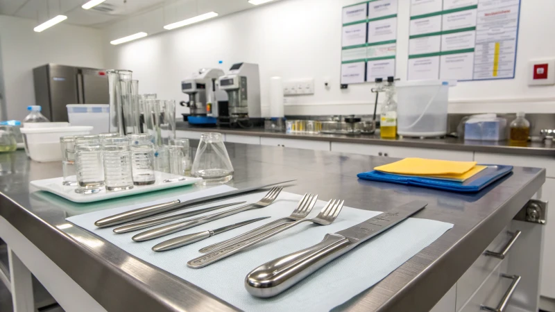 Laboratory scene with stainless steel cutlery and scientific instruments