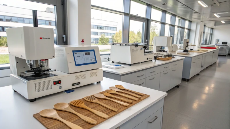 Laboratory scene with testing equipment for wooden cutlery