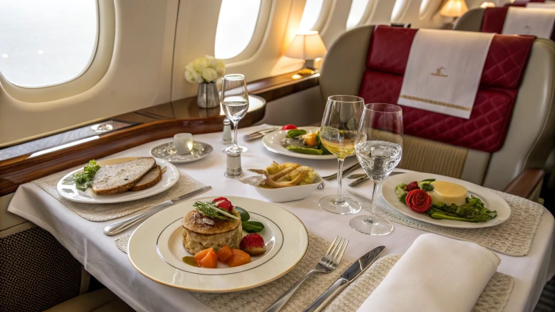 An elegantly set table in a luxurious airline dining experience