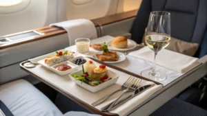 A gourmet airline meal setup on a tray