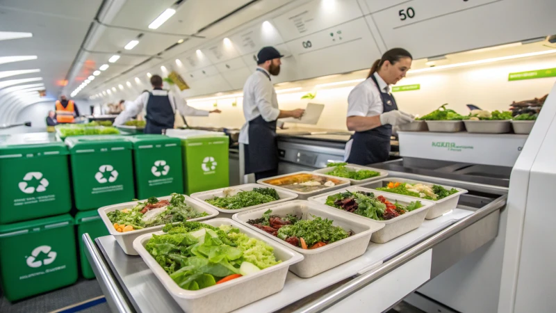 A modern airline catering setup with organic meals and biodegradable cutlery